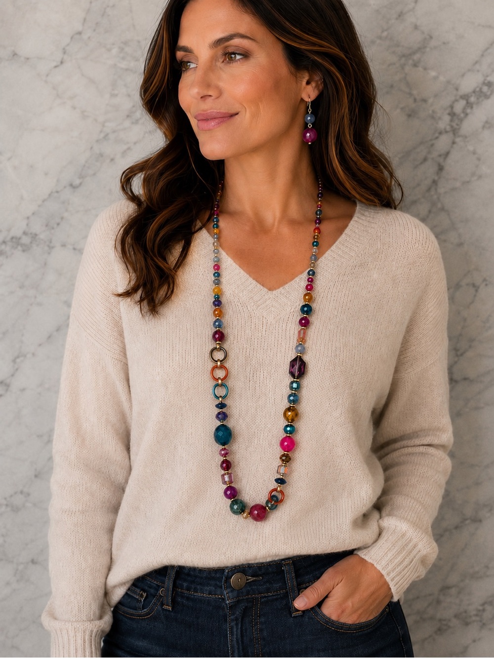 Boho Jewel-Tone Long Beaded Necklace & Matching Earrings Set